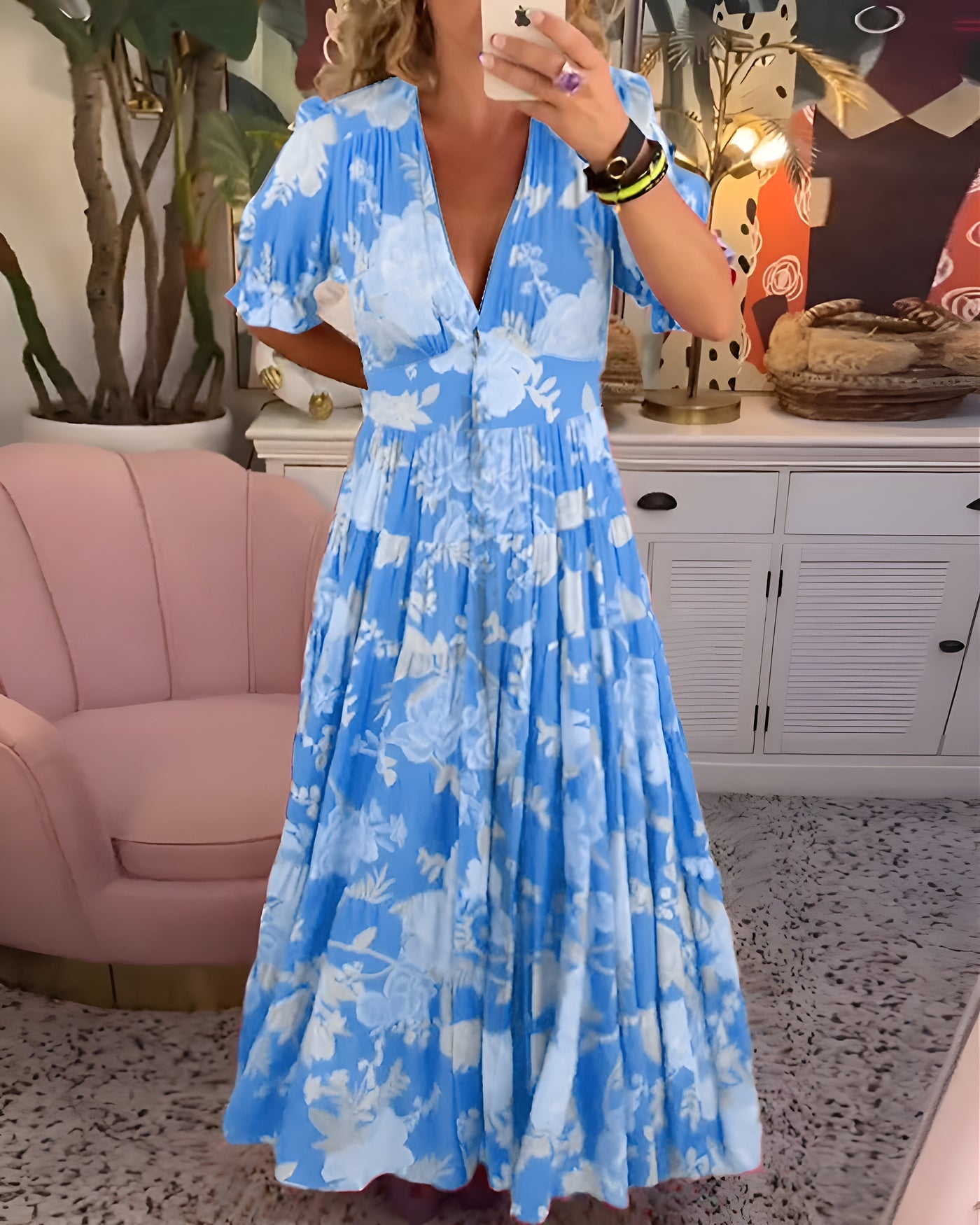 Carine - Robe à poche col V imprimé fleuri